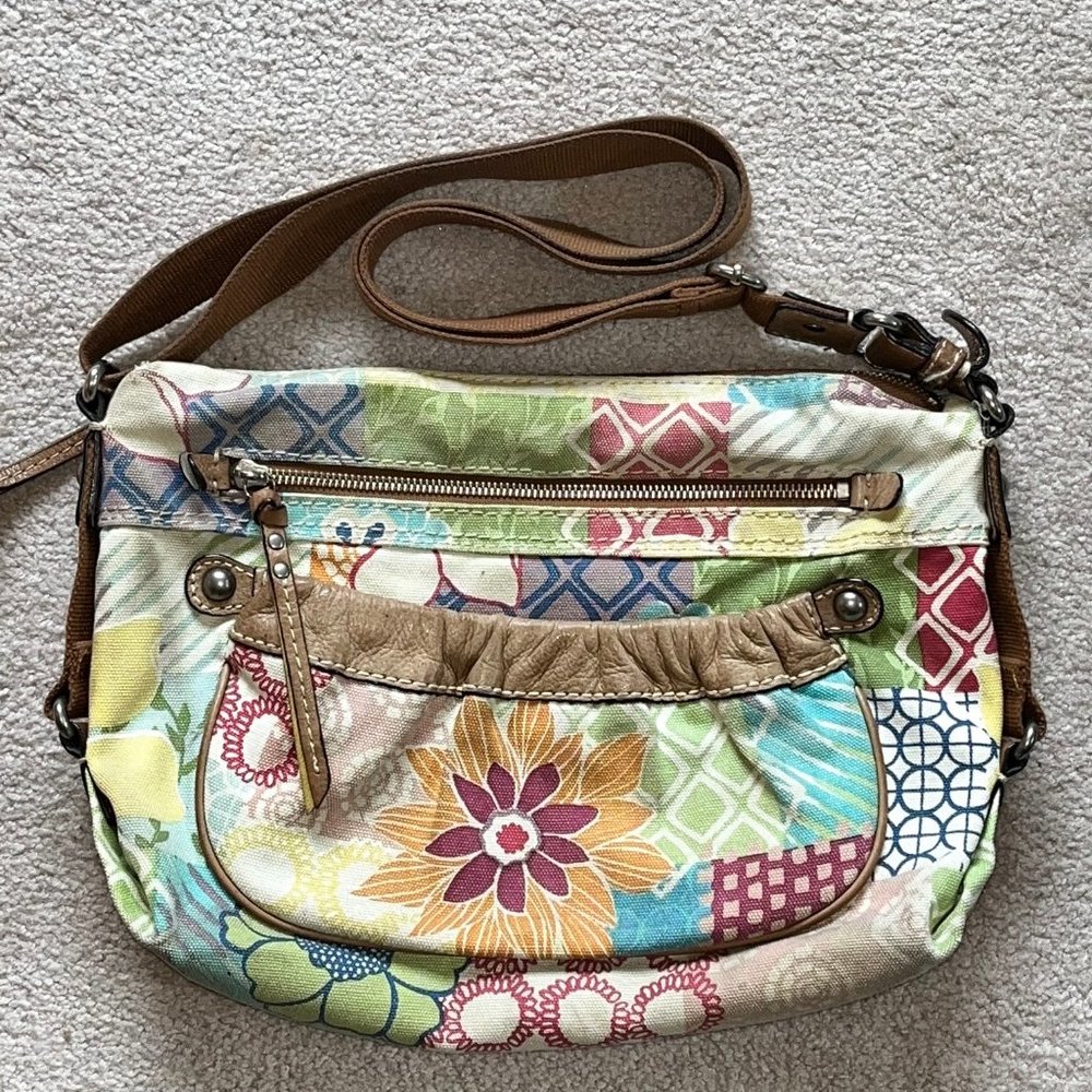 Fossil Purse Canvas Leather Floral Colorful Crossbody